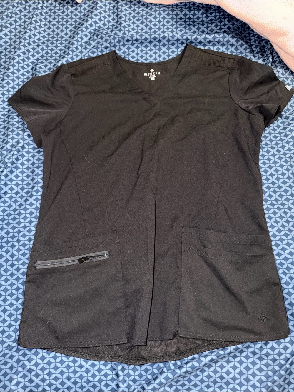 Med Couture Black V-Neck Short Sleeve Scrub Top with Zip Pocket